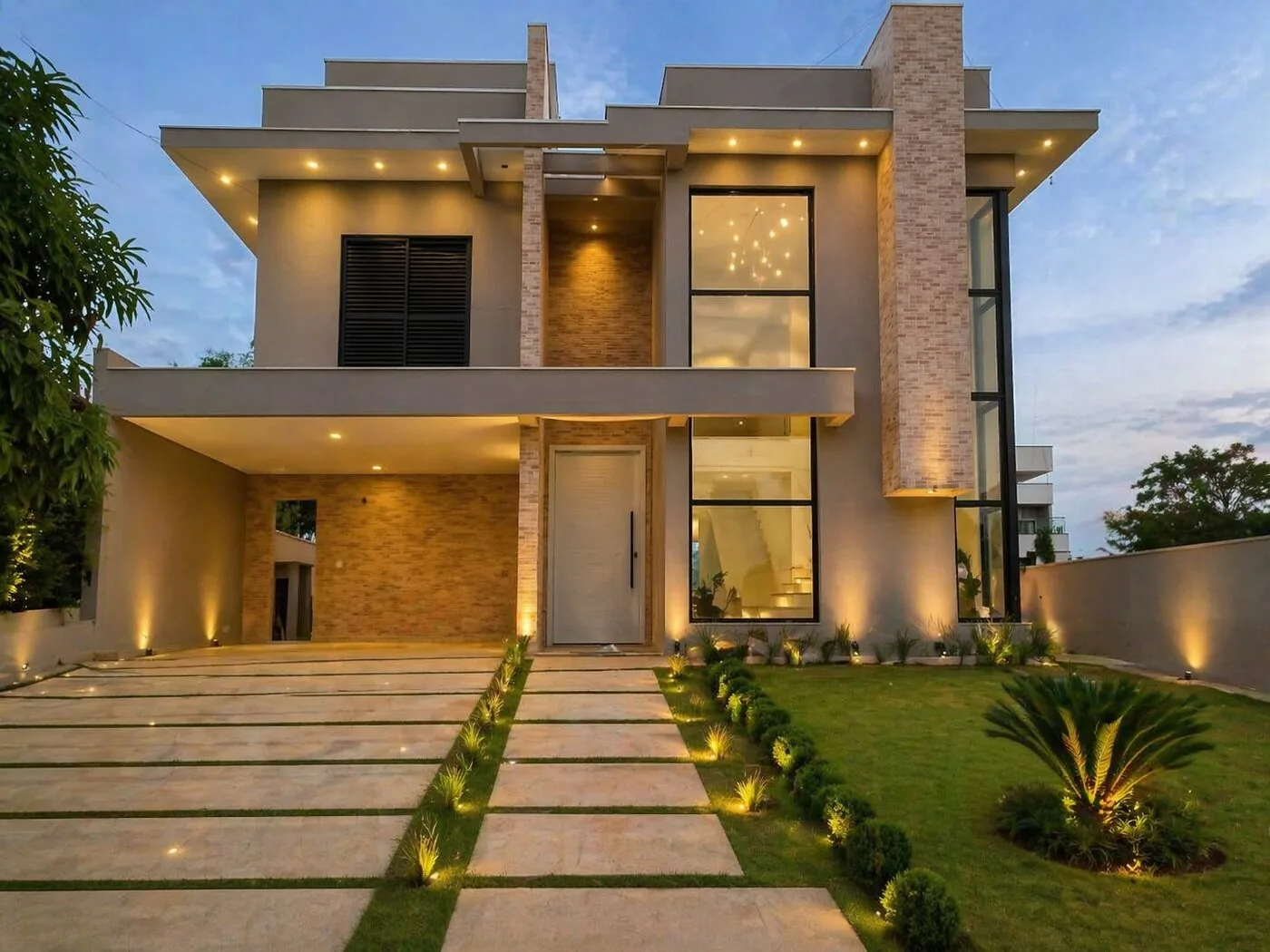 Ninho Verde I — fachada residencial iluminada com esquadrias pretas e paisagismo
